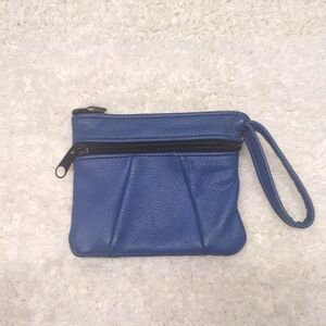 Small Blue Leather Wallet 3 Zipper Pocket